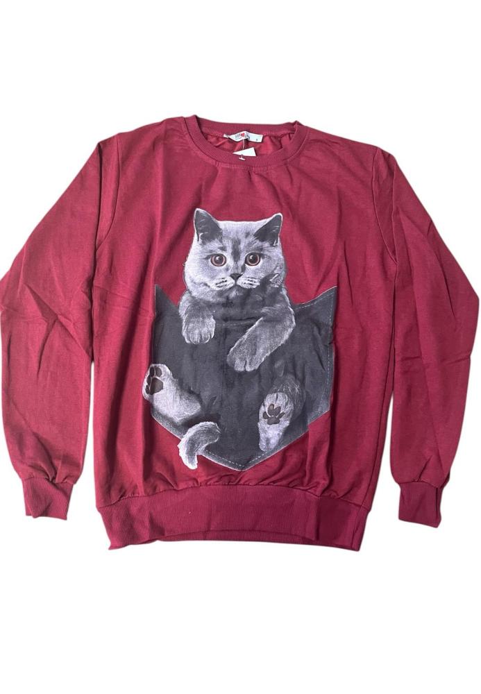 Bluza dama , imprimeu pisica,culoare visiniu,En-gros