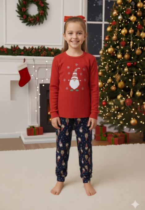Pijamale de Craciun de copii,cu maneci si pantaloni lungi ,imprime pitic si fulgi de zapada,En-gros