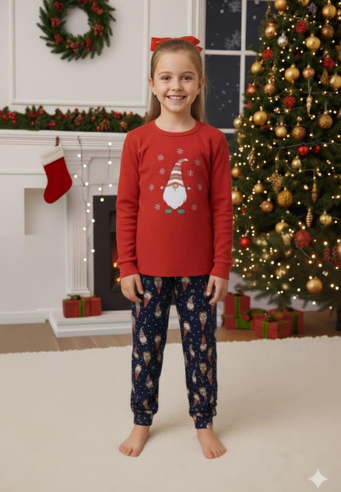 Pijamale de Craciun de copii,cu maneci si pantaloni lungi ,imprime pitic si fulgi de zapada,En-gros