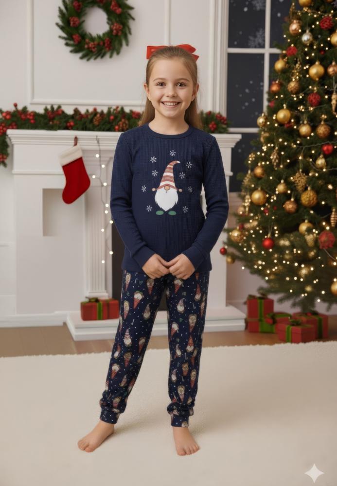 Pijamale de Craciun de copii,cu maneci si pantaloni lungi ,imprimeu pitic si fulgi de zapada ,En-gros