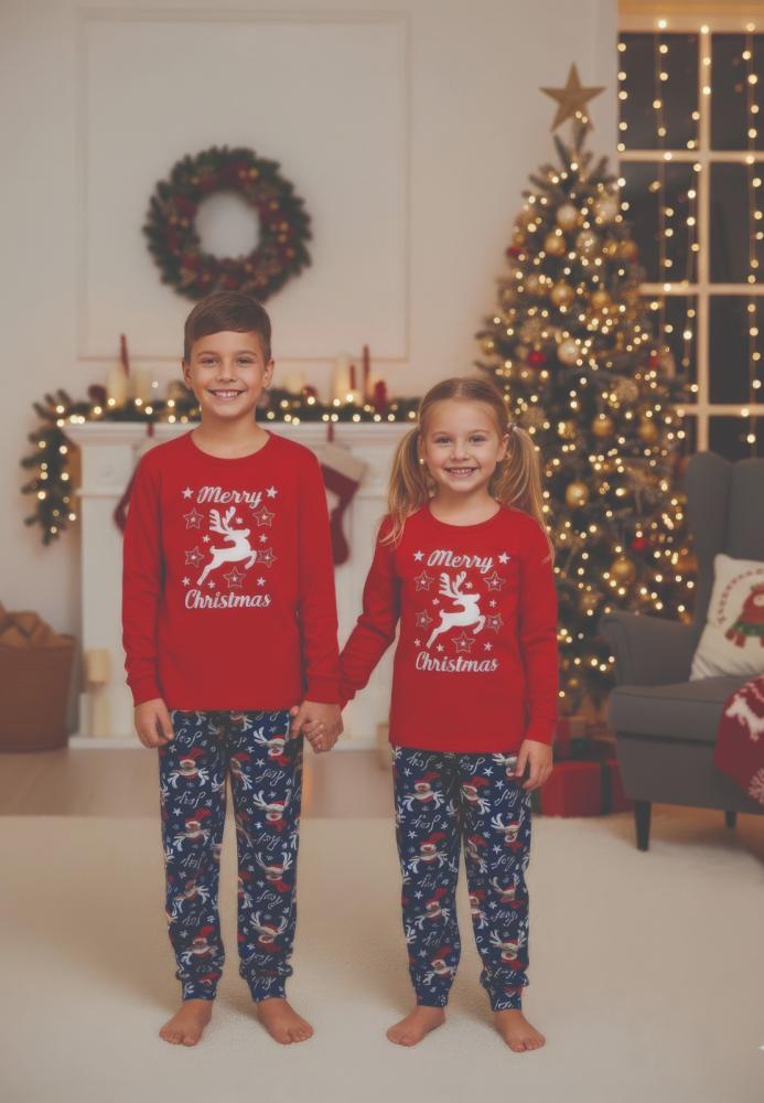 Pijamale de Craciun de copii,cu maneci si pantaloni lungi ,imprimeu ren ,En-gros