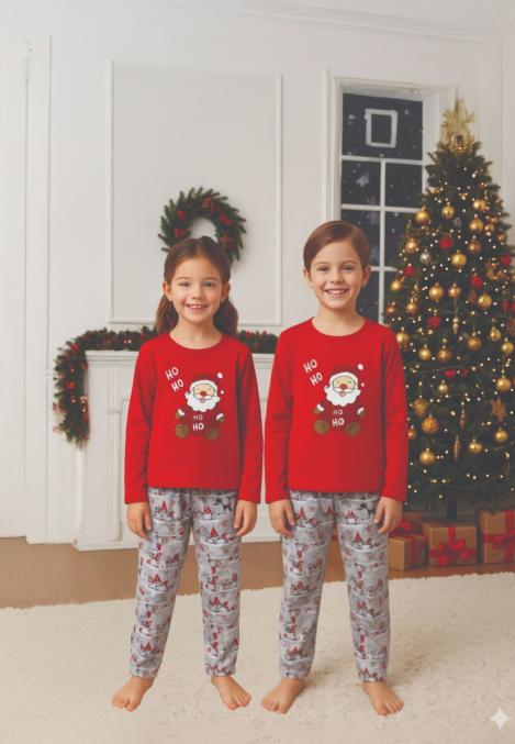 Pijamale de Craciun de copii,cu maneci si pantaloni lungi ,imprimeu HO HO ,En-gros