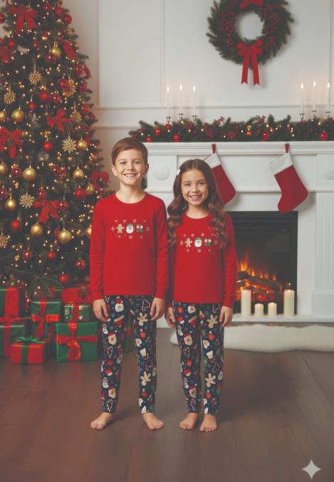 Pijamale de Craciun de copii,cu maneci si pantaloni lungi ,imprimeu figurine festive,En-gros