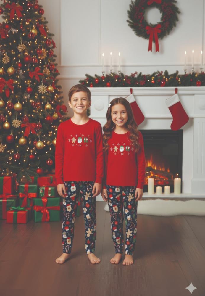 Pijamale de Craciun de copii,cu maneci si pantaloni lungi ,imprimeu figurine festive,En-gros