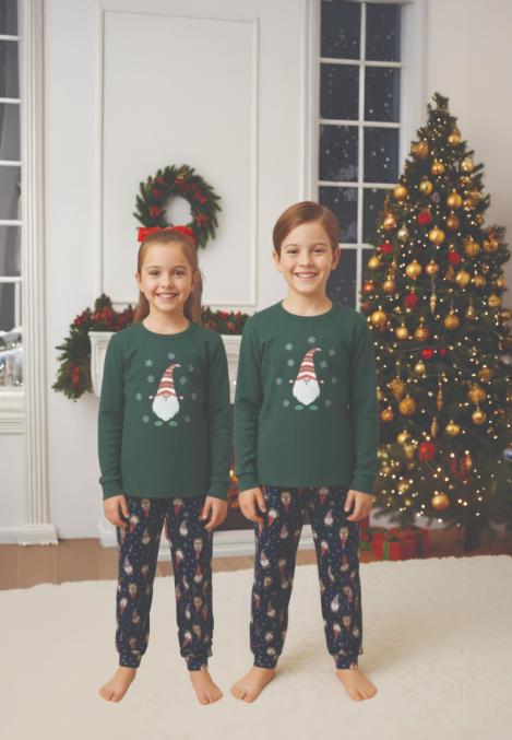 Pijamale de Craciun de copii,cu maneci si pantaloni lungi ,imprimeu pitic si fulg de zapada ,En-gros