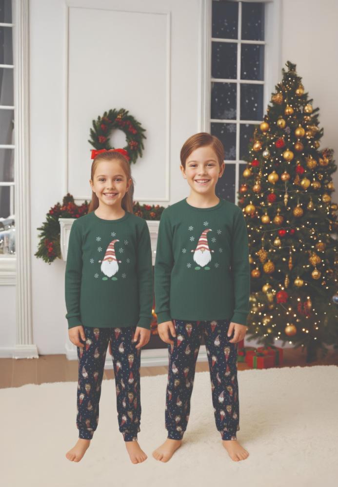 Pijamale de Craciun de copii,cu maneci si pantaloni lungi ,imprimeu pitic si fulg de zapada ,En-gros