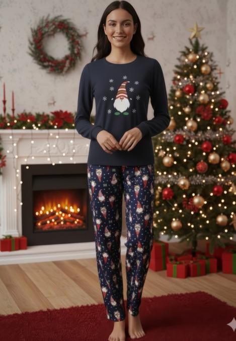 Pijama dama Craciun cu maneca si pantaloni lungi ,imprimeu pitic cu fulgi de zapada,En-gros