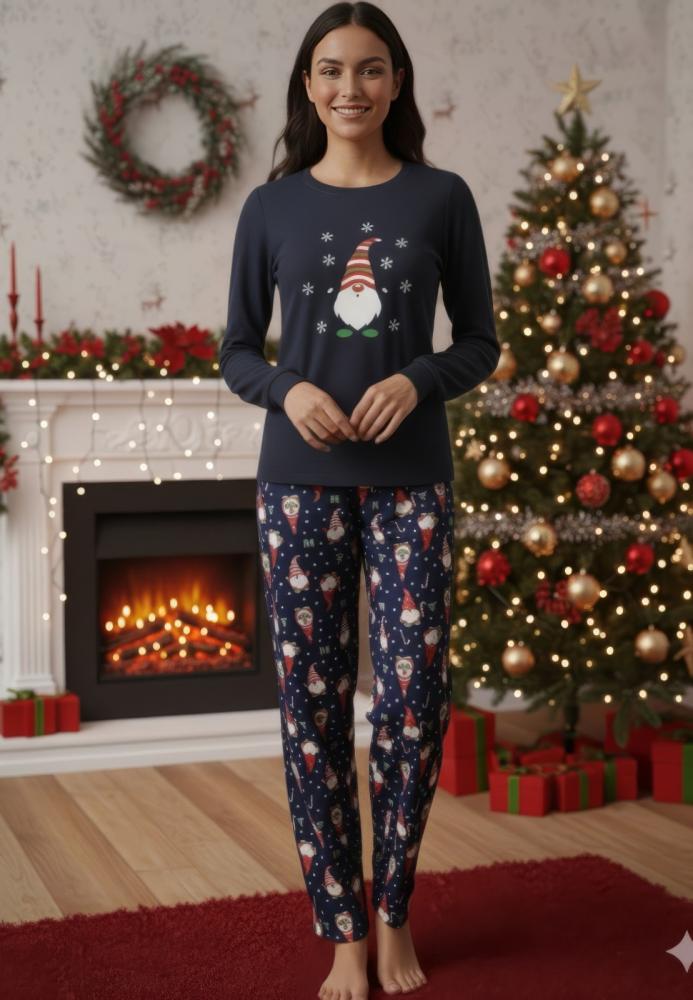 Pijama dama Craciun cu maneca si pantaloni lungi ,imprimeu pitic cu fulgi de zapada,En-gros