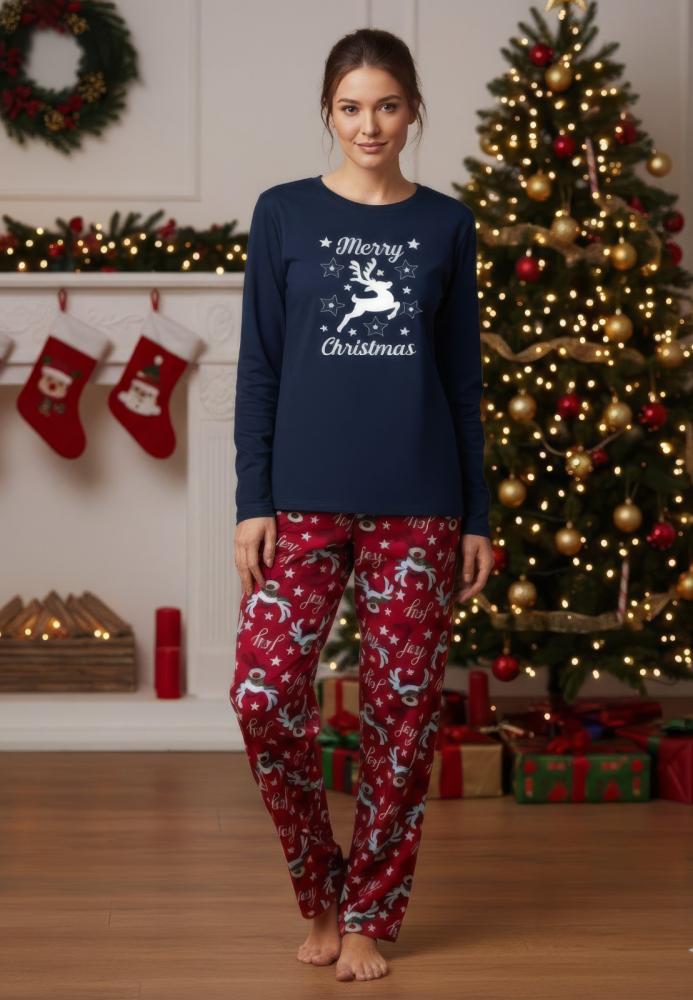 Pijama dama Craciun,maneca lunga si pantaloni lungi,imprimeu ren, En-gros