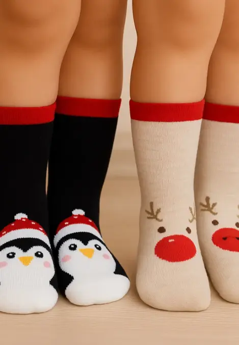 Sosete Craciun Copii 2/set , Imprimeu ren si pinguin,Engros