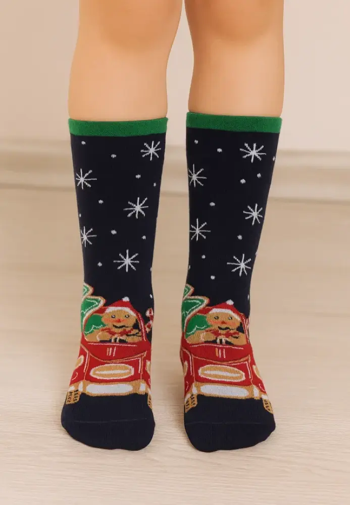 Sosete Craciun Copii,Interior tip prosop,Imprimeu Masina Rosie ,Engros