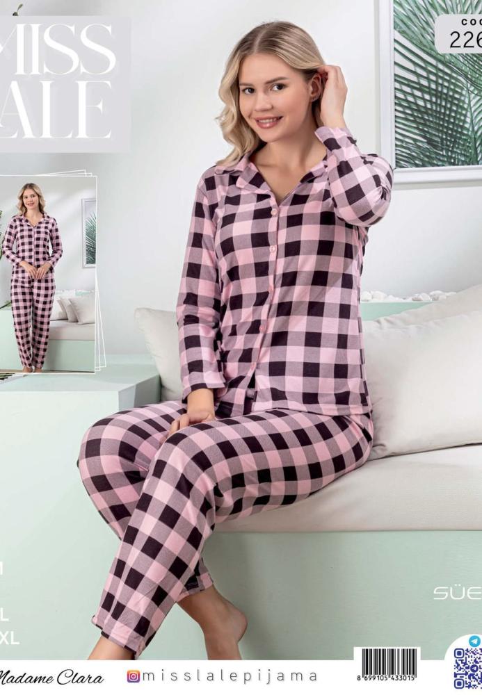 Pijama damă din suet roz, cu nasturi și imprimeu cu carouri , En-gros