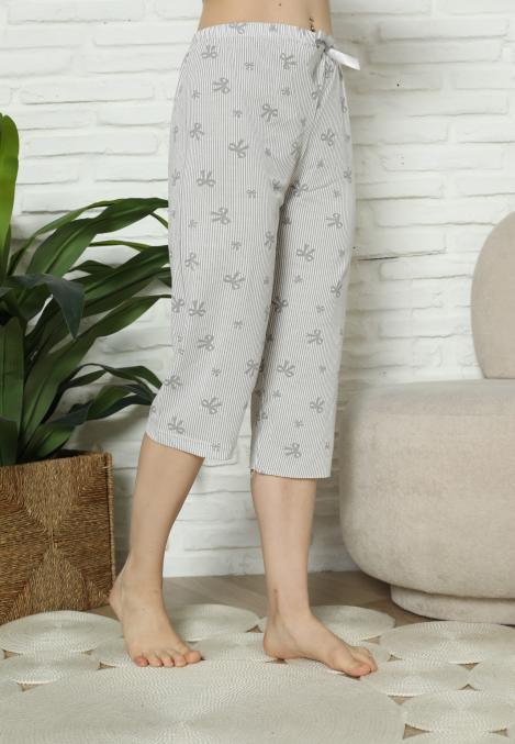 Pantaloni pijama damă 3/4, inprimeu gri, imprimeu fundite, engros