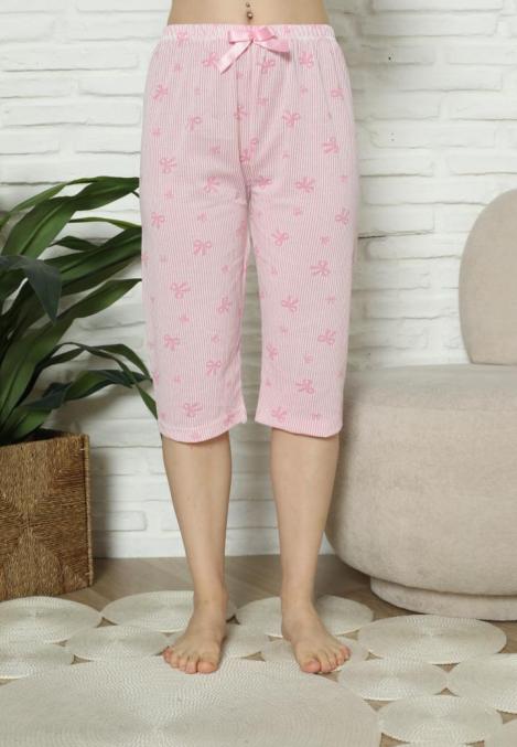 Pantaloni pijama damă 3/4 roz imprimeu fundite, engros