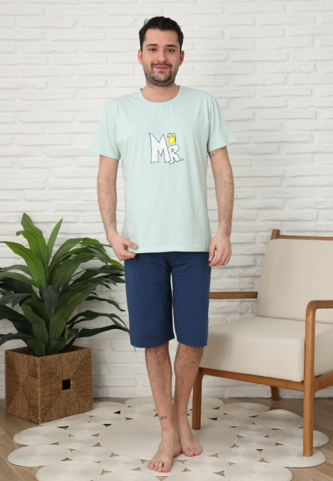 Pijama bărbați Engros, Mânecă scurtă și Pantaloni 3/4, Verde, Imrpimeu MR