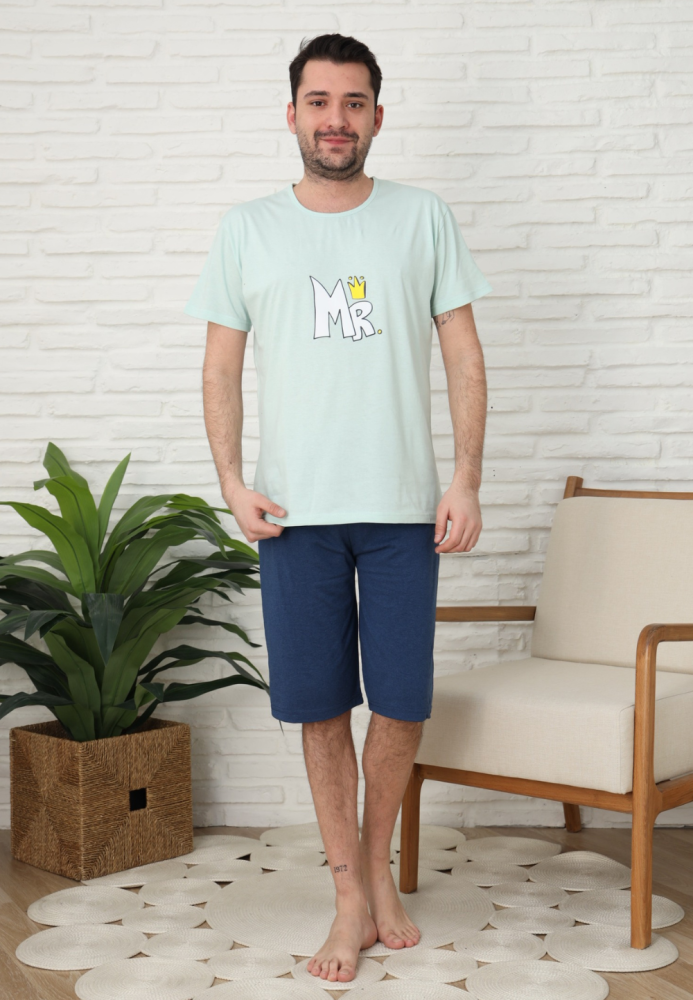 Pijama bărbați Engros, Mânecă scurtă și Pantaloni 3/4, Verde, Imrpimeu MR