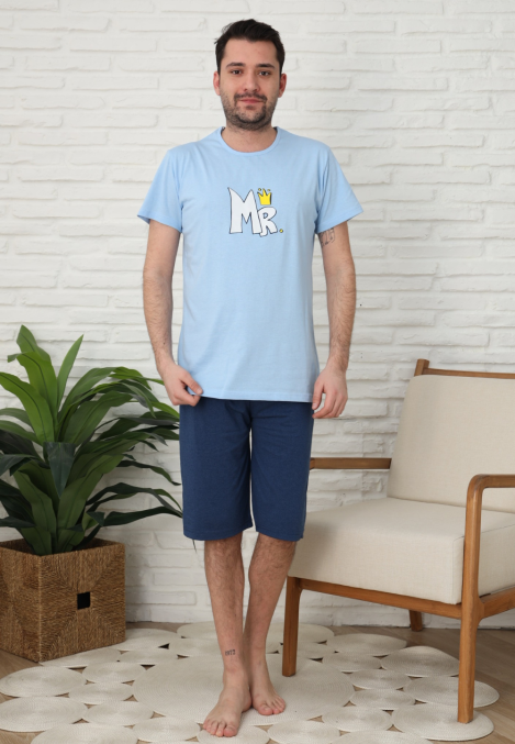 Pijama bărbați Engros, Mânecă scurtă și Pantaloni 3/4, Albastru, Imrpimeu MR
