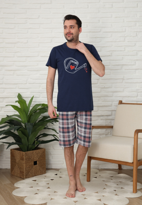 Pijama bărbați Engros, Mânecă scurtă și Pantaloni 3/4, Bleumarin, Imprimeu stropitoare