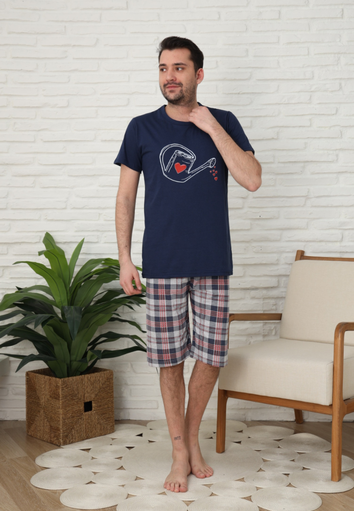 Pijama bărbați Engros, Mânecă scurtă și Pantaloni 3/4, Bleumarin, Imprimeu stropitoare