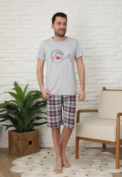 Pijama bărbați Engros, Mânecă scurtă și Pantaloni 3/4, Gri, Imrpimeu stropitoare