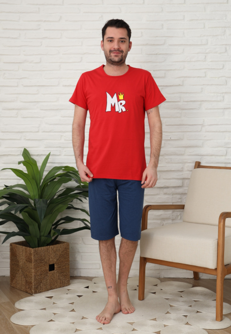 Pijama bărbați Engros, Mânecă scurtă și Pantaloni 3/4, Rosu, Imrpimeu MR