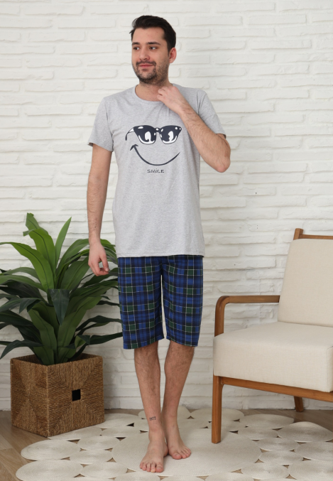 Pijama bărbați Engros, Mânecă scurtă și Pantaloni 3/4, Gri, Happy Face