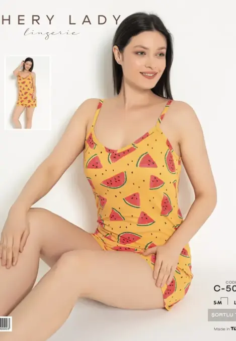Pijama damă Engros,maiou și short,imprimeu pepene, galben
