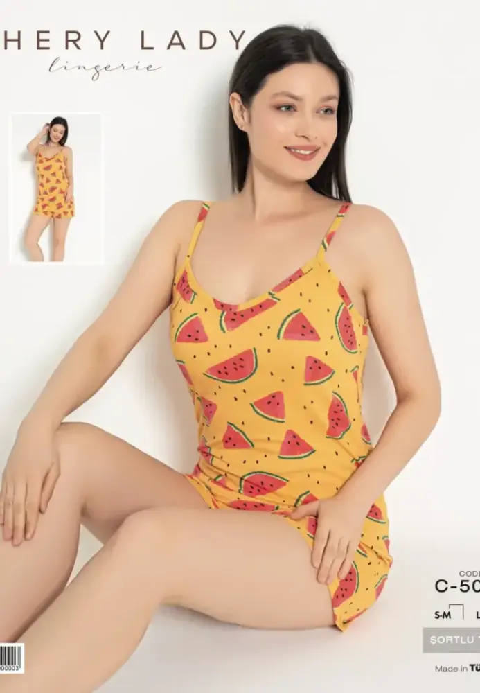 Pijama damă Engros,maiou și short,imprimeu pepene, galben