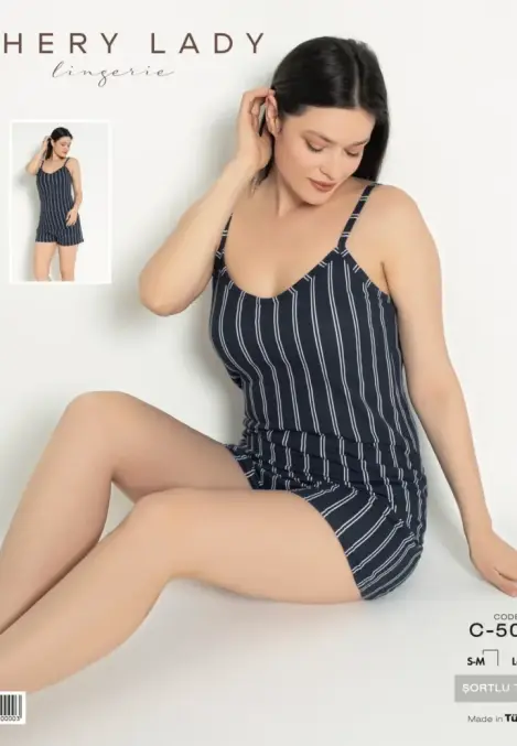 Pijama damă Engros,maiou și short,imprimeu dungi, bleumarin