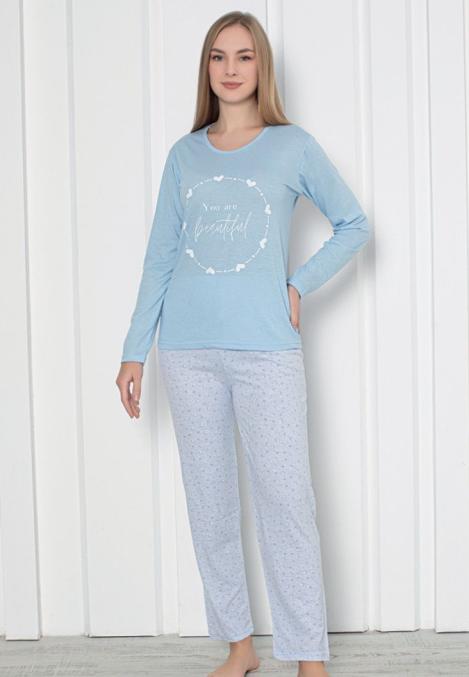 Pijama damă cu mânecă lungă și pantaloni lungi, imprimeu ,,You Are Beautiful'', culoare albastru, Engros