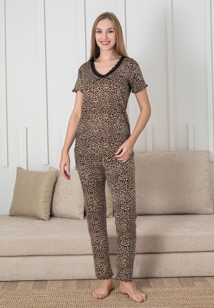 Pijama dama Engros, Model leopard, Mânecă scurtă, Pantaloni lungi,