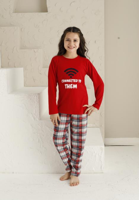 Pijama Fete, Mânecă Lungă si Pantaloni Lungi, Imprimeu CONNECTED ,Culoare Bordo,Engros