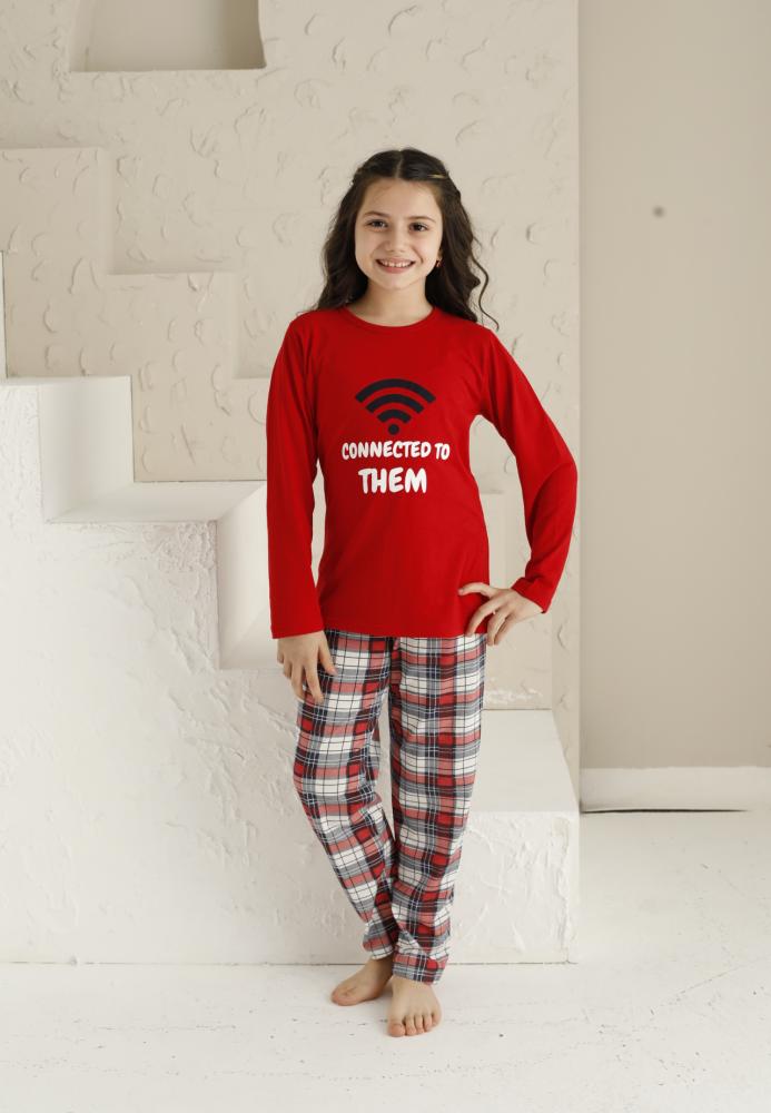 Pijama Fete, Mânecă Lungă si Pantaloni Lungi, Imprimeu CONNECTED ,Culoare Bordo,Engros