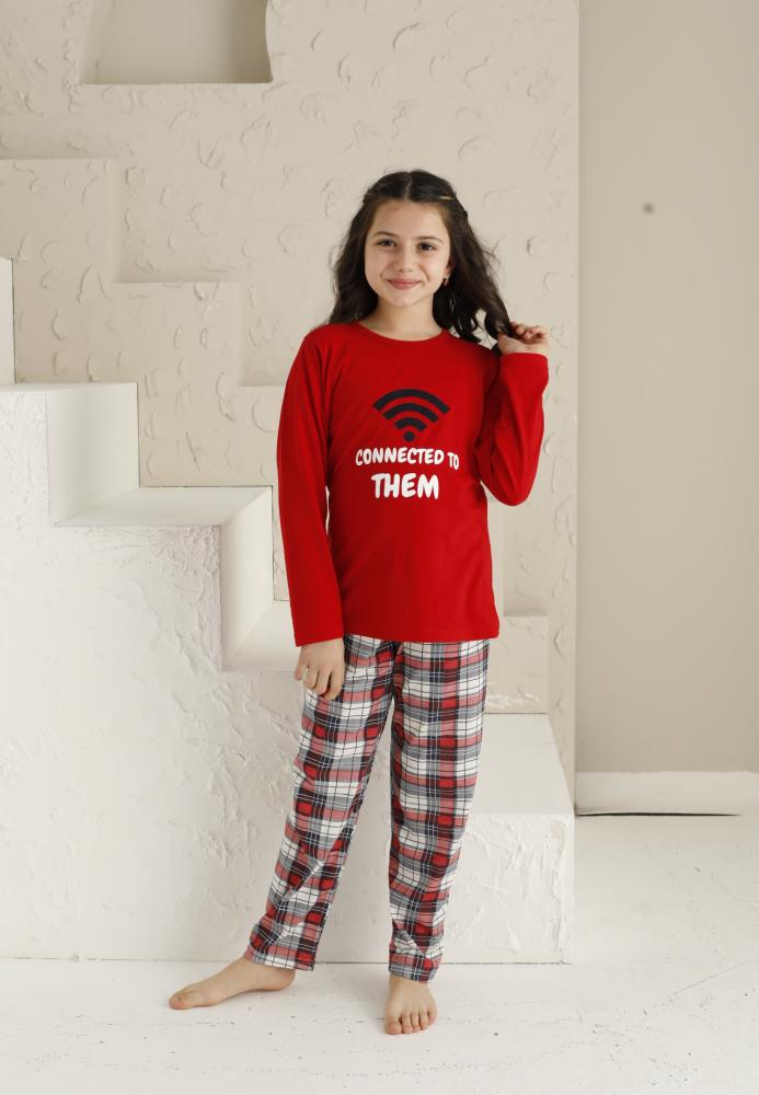 Pijama Fete, Mânecă Lungă si Pantaloni Lungi, Imprimeu CONNECTED ,Culoare Bordo,Engros