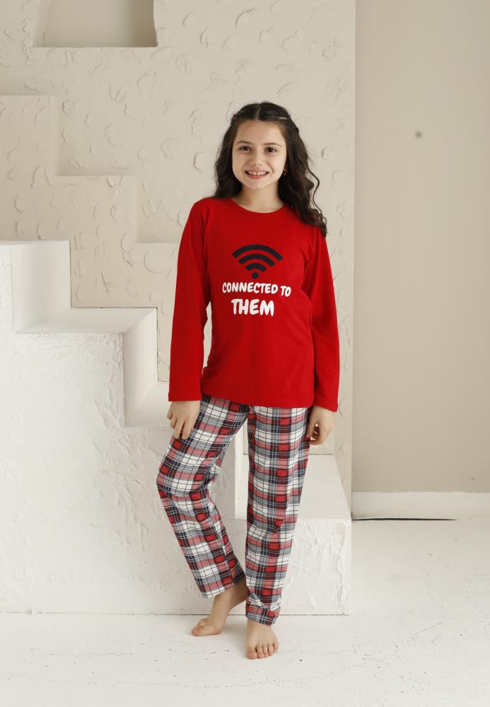 Pijama Fete, Mânecă Lungă si Pantaloni Lungi, Imprimeu CONNECTED ,Culoare Bordo,Engros