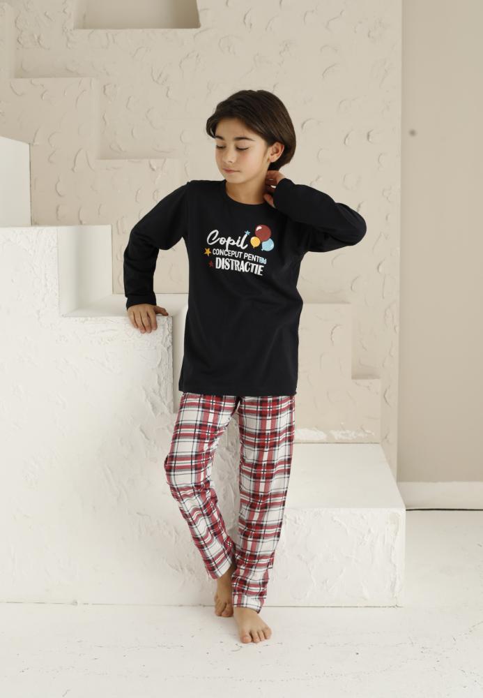 Pijama Băieți cu Maneca Lungă și Pantaloni Lungi, model ,,Copil Conceput Pentru Distractie''Culoare Negru,Engros