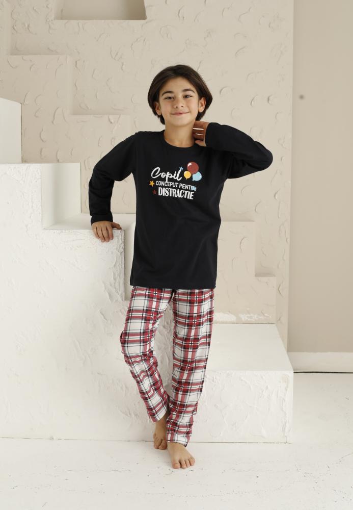 Pijama Băieți cu Maneca Lungă și Pantaloni Lungi, model ,,Copil Conceput Pentru Distractie''Culoare Negru,Engros