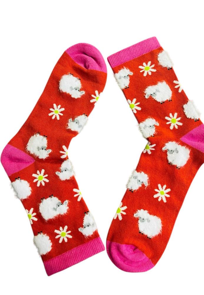 Șosete damă organice fără cusătură,imprimeu oaie, culoare portocaliu ,En-gros