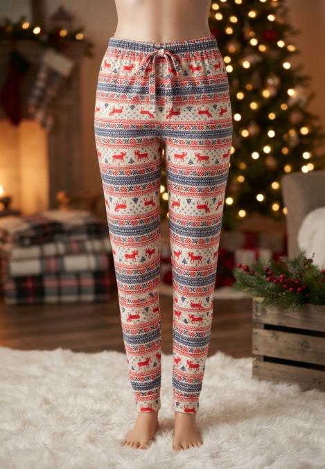 Pantaloni pijama dama Craciun,Culoare Alb cu Rosu,Engros