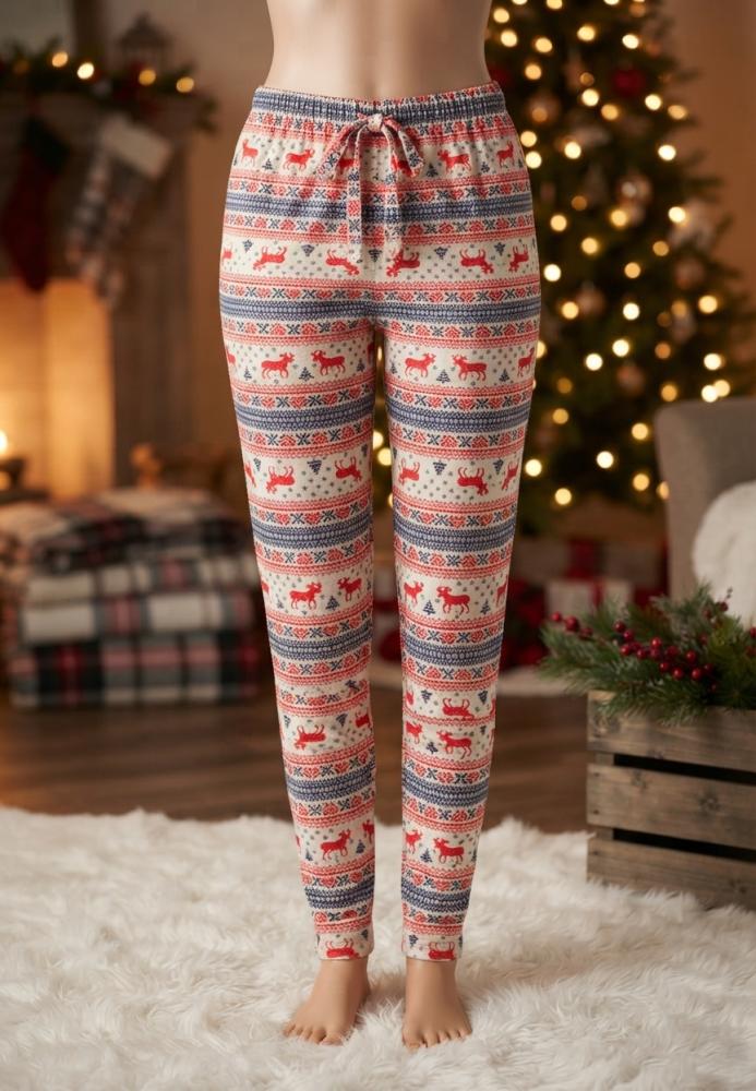 Pantaloni pijama dama Craciun,Culoare Alb cu Rosu,Engros