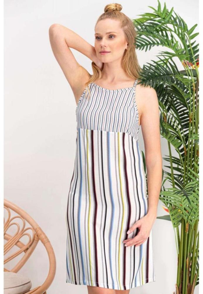 Rochie damă până la genunchi, cu bretele subțiri, model în dungi multicolore ,Engros