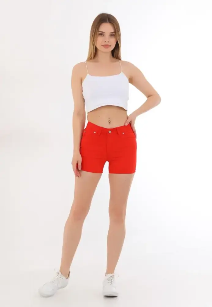 Blugi scurți damă de vară – elastici, mulați, cu buzunare la spate-rosu Engros