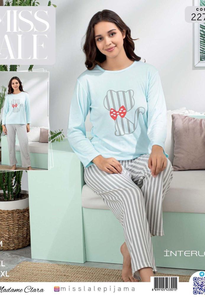 Pijama dama interlok,Culoare bleu ,Imprimeu pisica ,En-gros