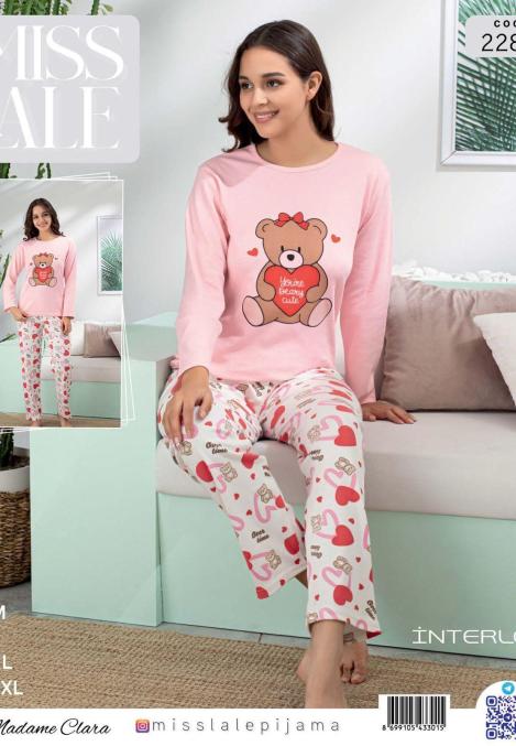 Pijama dama interlok,Culoare Roz ,Imprimeu inimi roșii, fundițe și ursuleți,En-gros