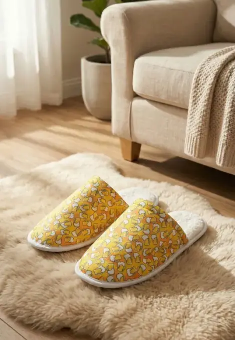 Papuci de casă pentru bărbați, galbeni, cu imprimeu halbă de bere ,En-gros