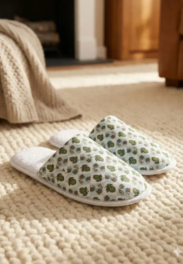 Papuci de casă pentru bărbați, în carouri bleu, cu imprimeu bere ,En-gros