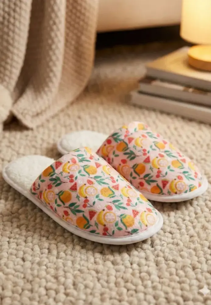 Papuci damă roz cu fructe și puf,Engros