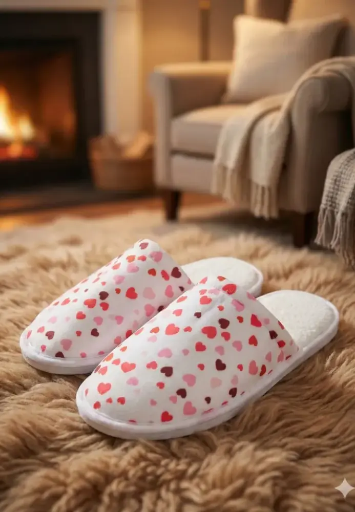 Papuci de casă damă albi cu inimioare ,Engros