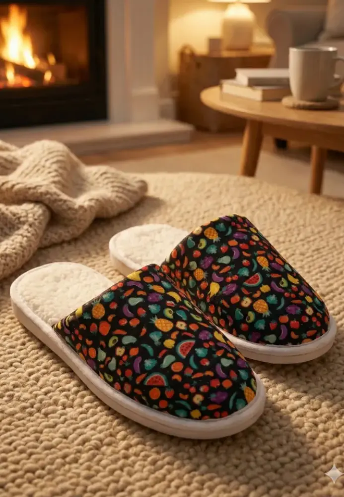 Papuci de casă damă , negri, cu imprimeu fructe ,Engros