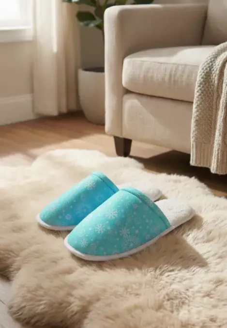 Papuci de casă damă , turcoaz deschis, cu imprimeu fulgi de zăpadă ,Engros